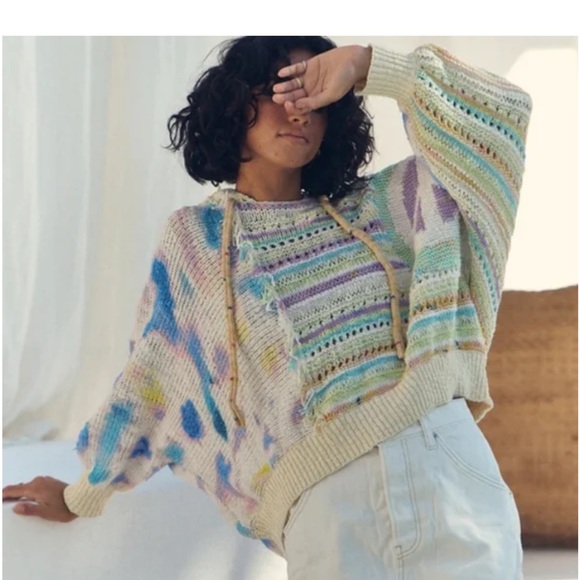 Free People Flower Child Poncho Sweater Hooded Tie Dye Patchwork size small - Picture 3 of 14